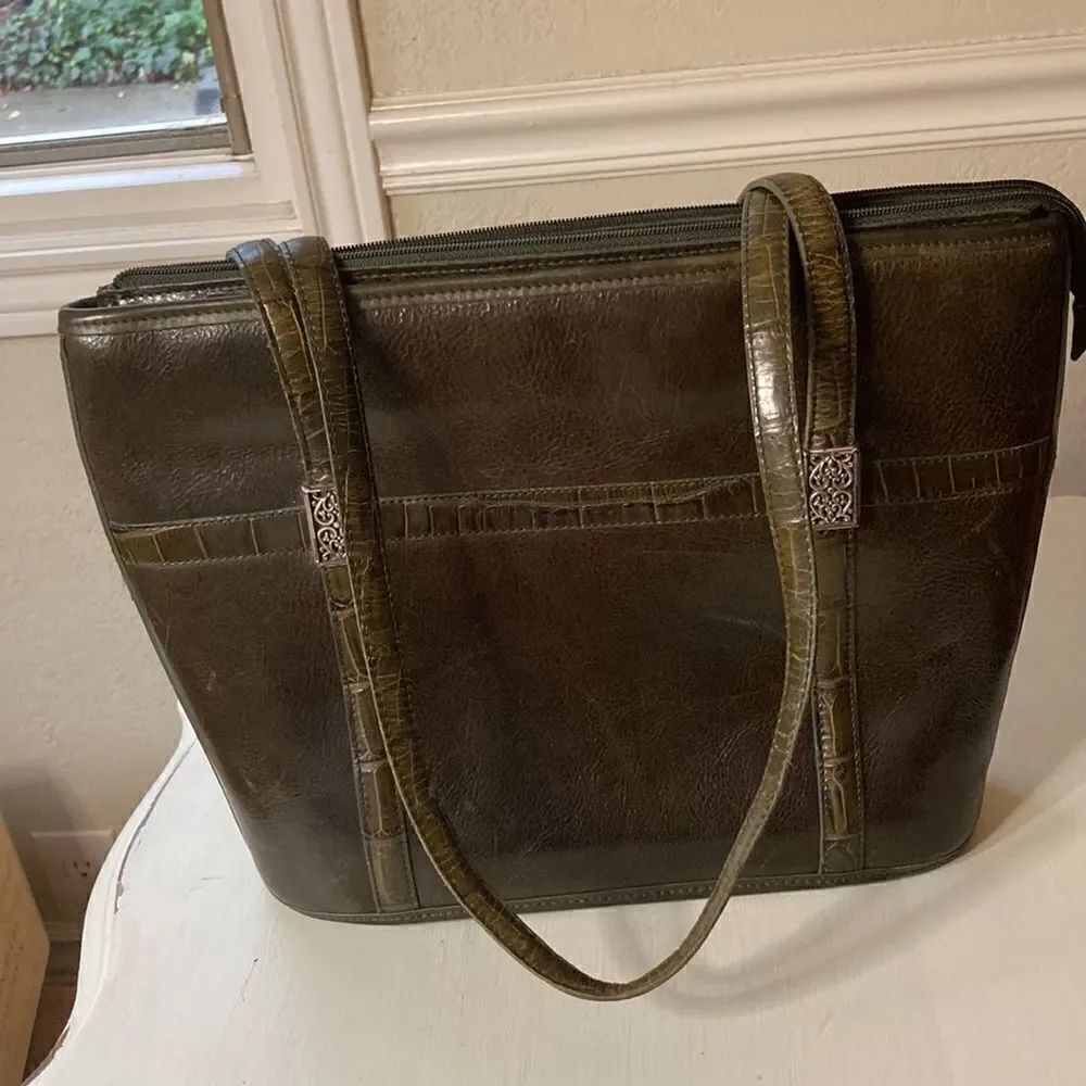 Vintage Brighton Green Leather Croc Trim Shoulder Tote Handbag